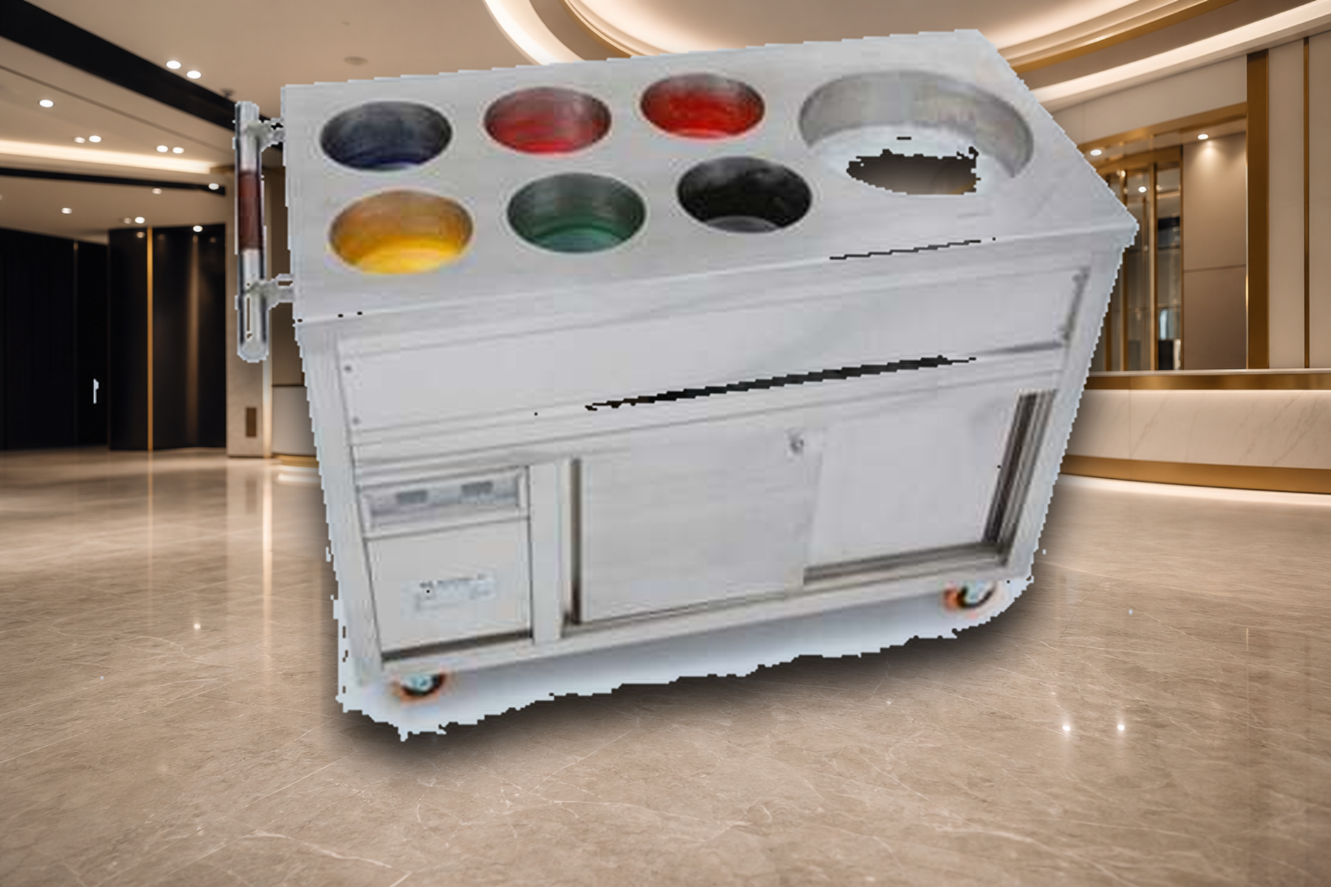 WaxHands wax casting station with LED display tubes in a bright shopping mall atrium